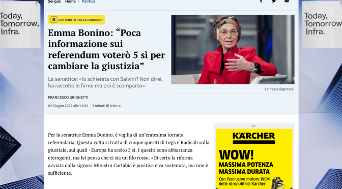 Emma Bonino 5 SI, Intervista alla Stampa, + 3 casi di carcerazione preventiva di innocente, perfino malati